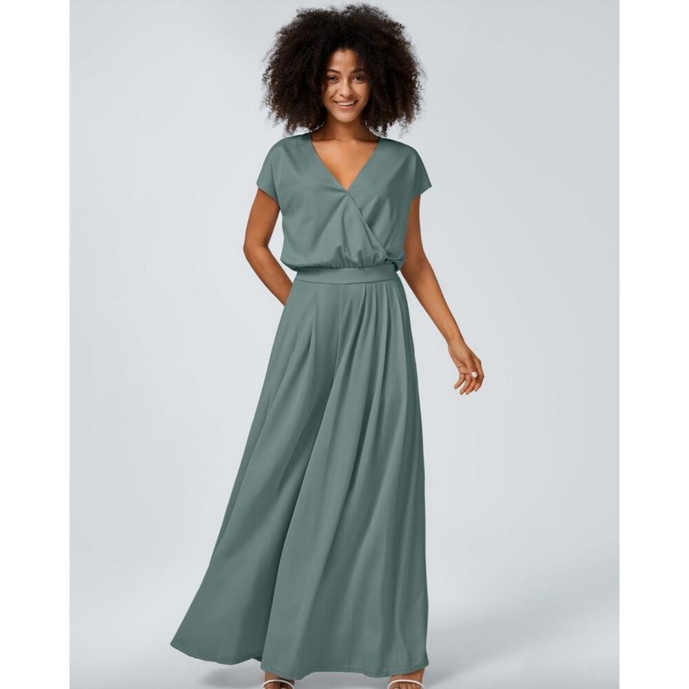 NEW Halara V-Neck Short Sleeve Wide-Leg Flowy Waffle Jumpsuit Stone Green Sz LT